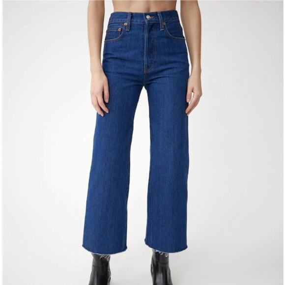 REDONE High Rise Wide Leg Crop Jeans Raw Hem Button Fly